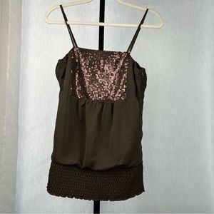 Lulumari Tank Top Womens Medium Brown Sequins Front Smocking Waist Satin Blouse